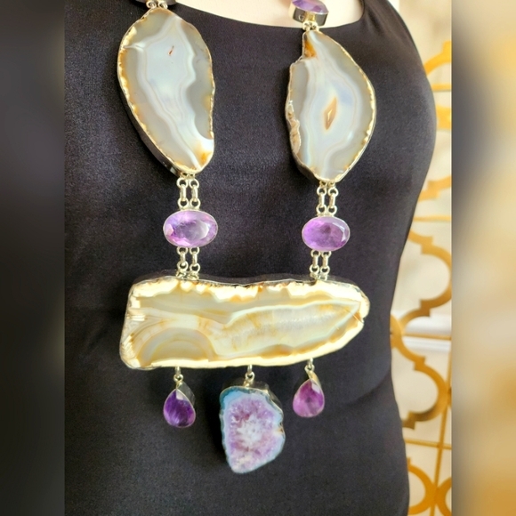 Handcrafted Amethyst, Agate Statement Necklace - Only one available. Unisex - Picture 14 of 16